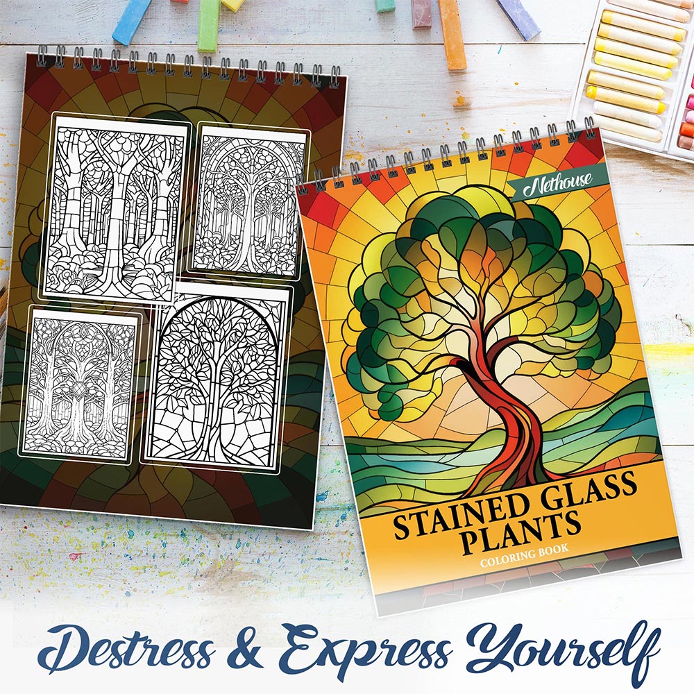 NETHOUSE Stained Glass Plants Spiral Coloring Book For Adults