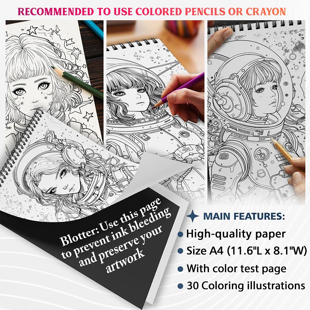 NETHOUSE Stress Relief Anime Space Girl Coloring Sheets For Adults