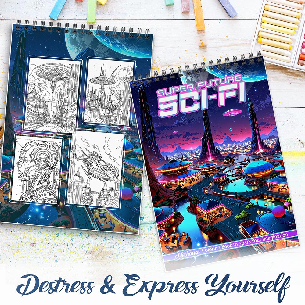 NETHOUSE Super Future Sci-Fi Spiral Coloring Book For Adults