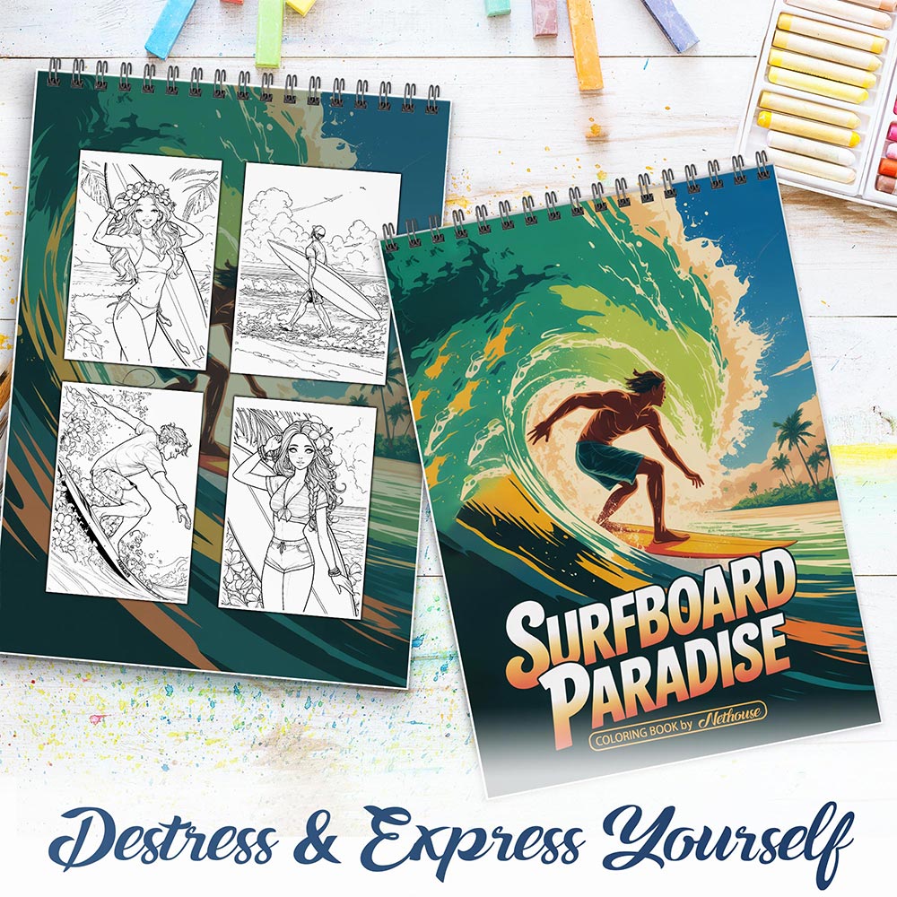 NETHOUSE Surfboard Paradise Spiral Coloring Book For Adults