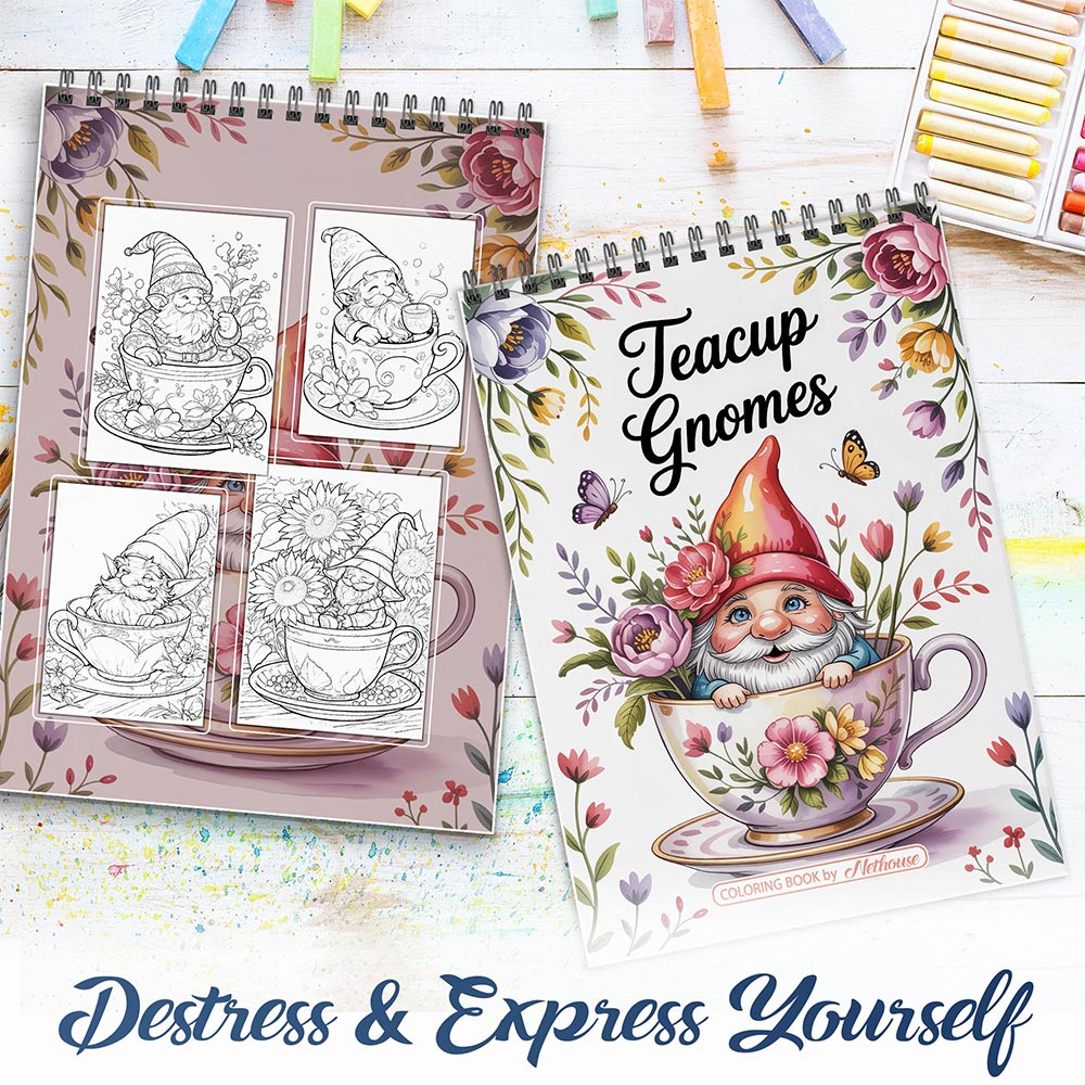 NETHOUSE Teacup Gnomes Spiral Coloring Book For Adults