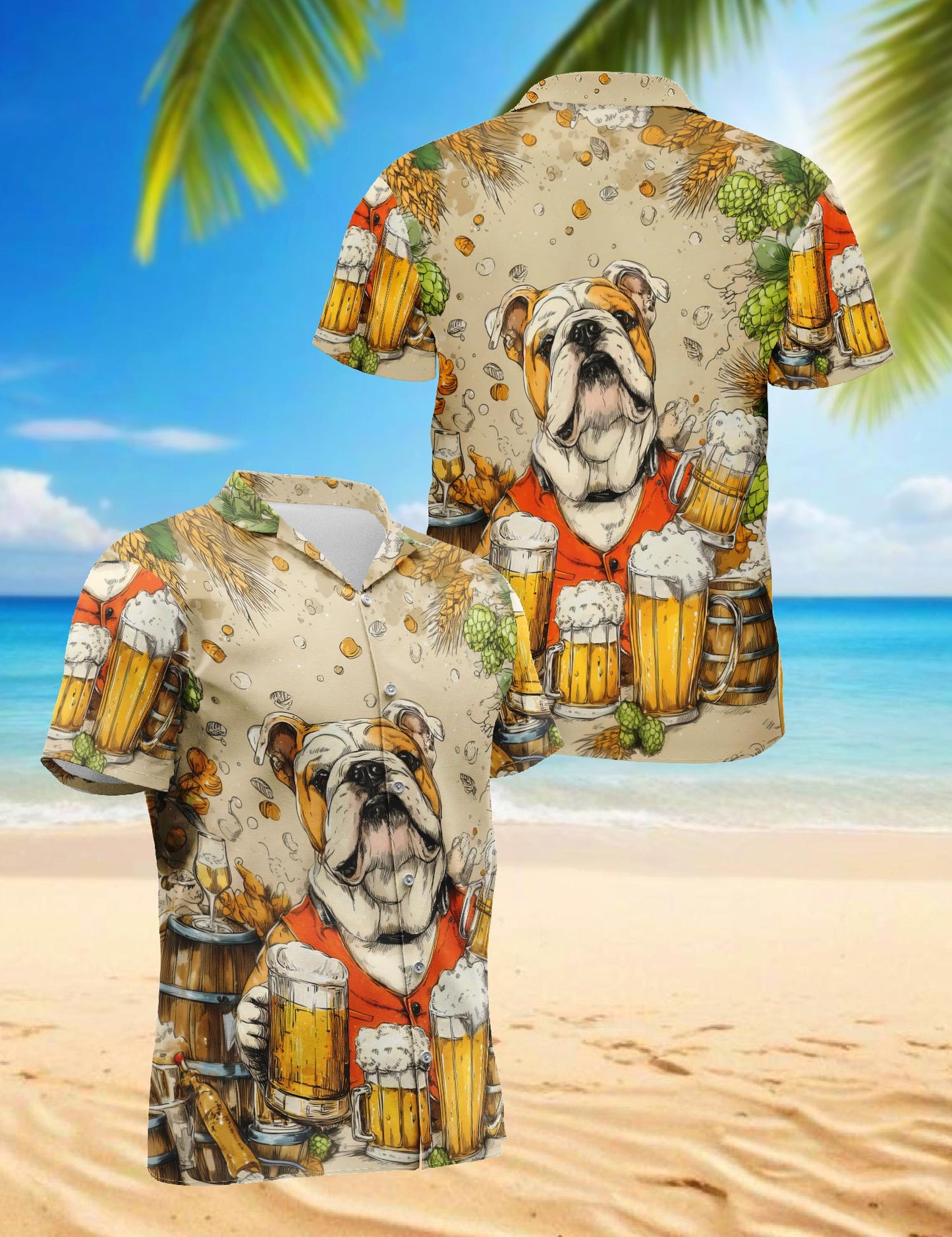 Netecom 3D Bulldog Beer Hawaiian Shirt for Men, Dog & Beer Lover Gifts, Animal Button Down Summer Aloha Beach Shirts, S-5XL
