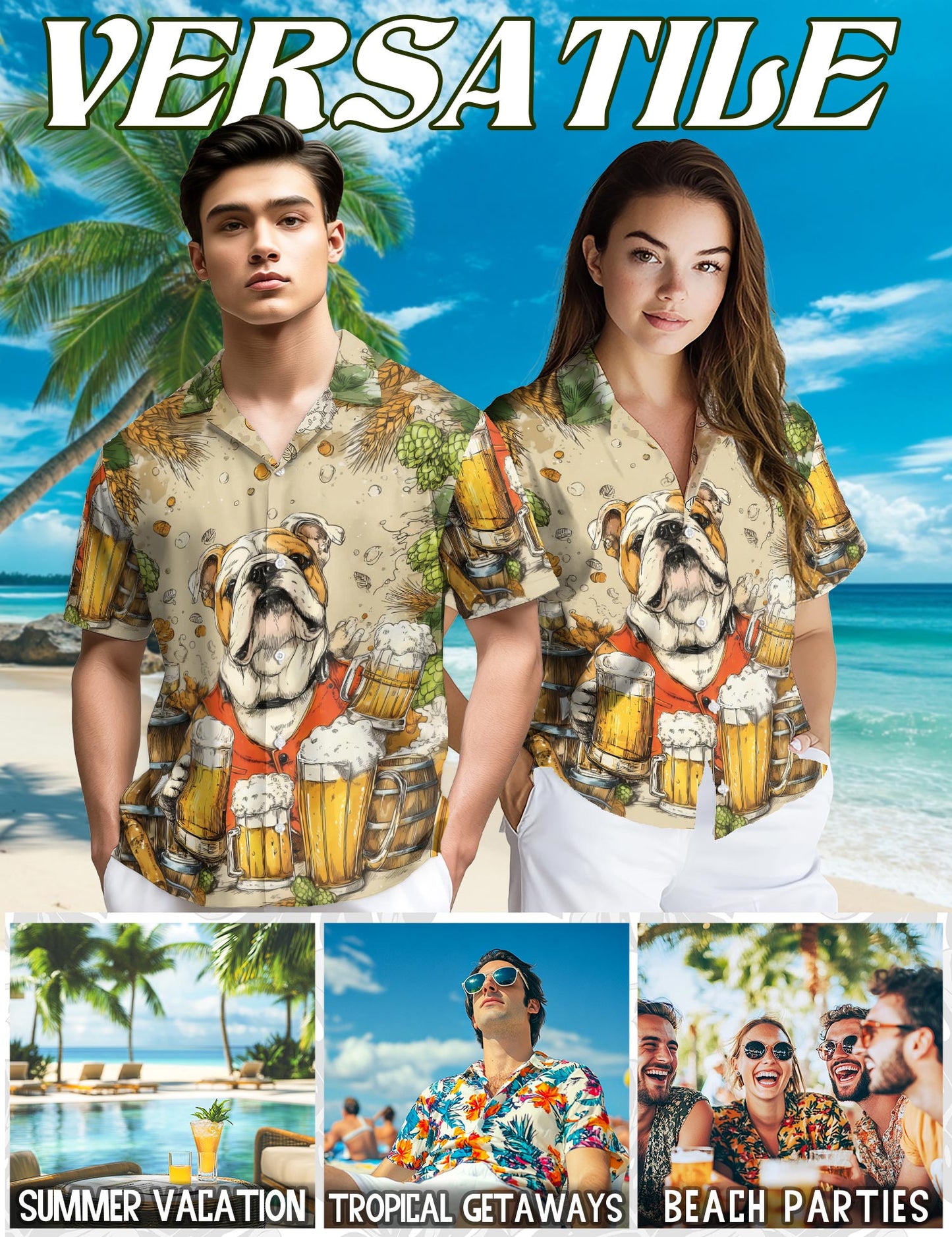 Netecom 3D Bulldog Beer Hawaiian Shirt for Men, Dog & Beer Lover Gifts, Animal Button Down Summer Aloha Beach Shirts, S-5XL
