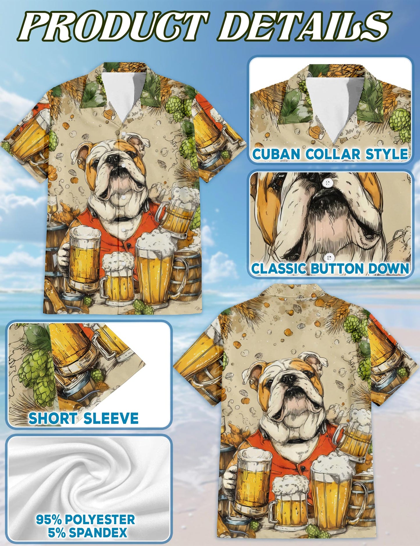 Netecom 3D Bulldog Beer Hawaiian Shirt for Men, Dog & Beer Lover Gifts, Animal Button Down Summer Aloha Beach Shirts, S-5XL