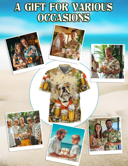 Netecom 3D Bulldog Beer Hawaiian Shirt for Men, Dog & Beer Lover Gifts, Animal Button Down Summer Aloha Beach Shirts, S-5XL
