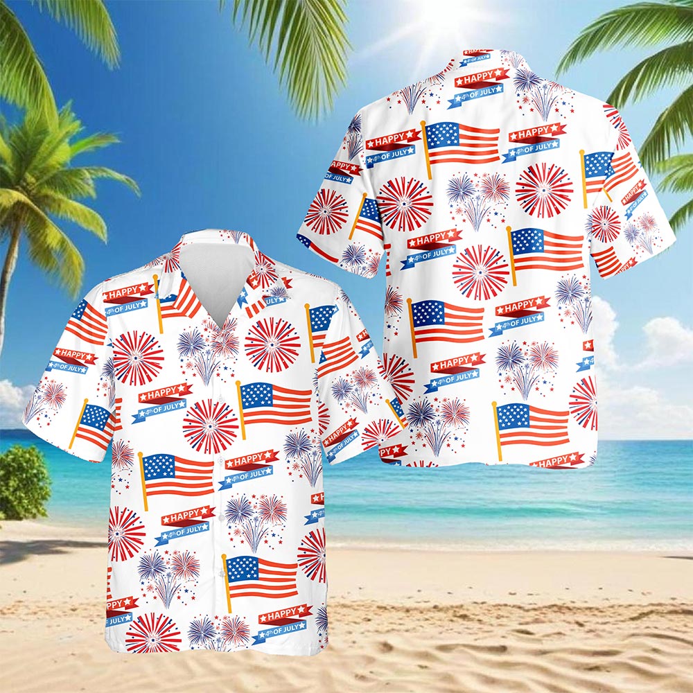 Netecom 4th Of July US Pattern Hawaiian Shirt for Men, Button Down Summer Beach Short Sleeve, S-5XL