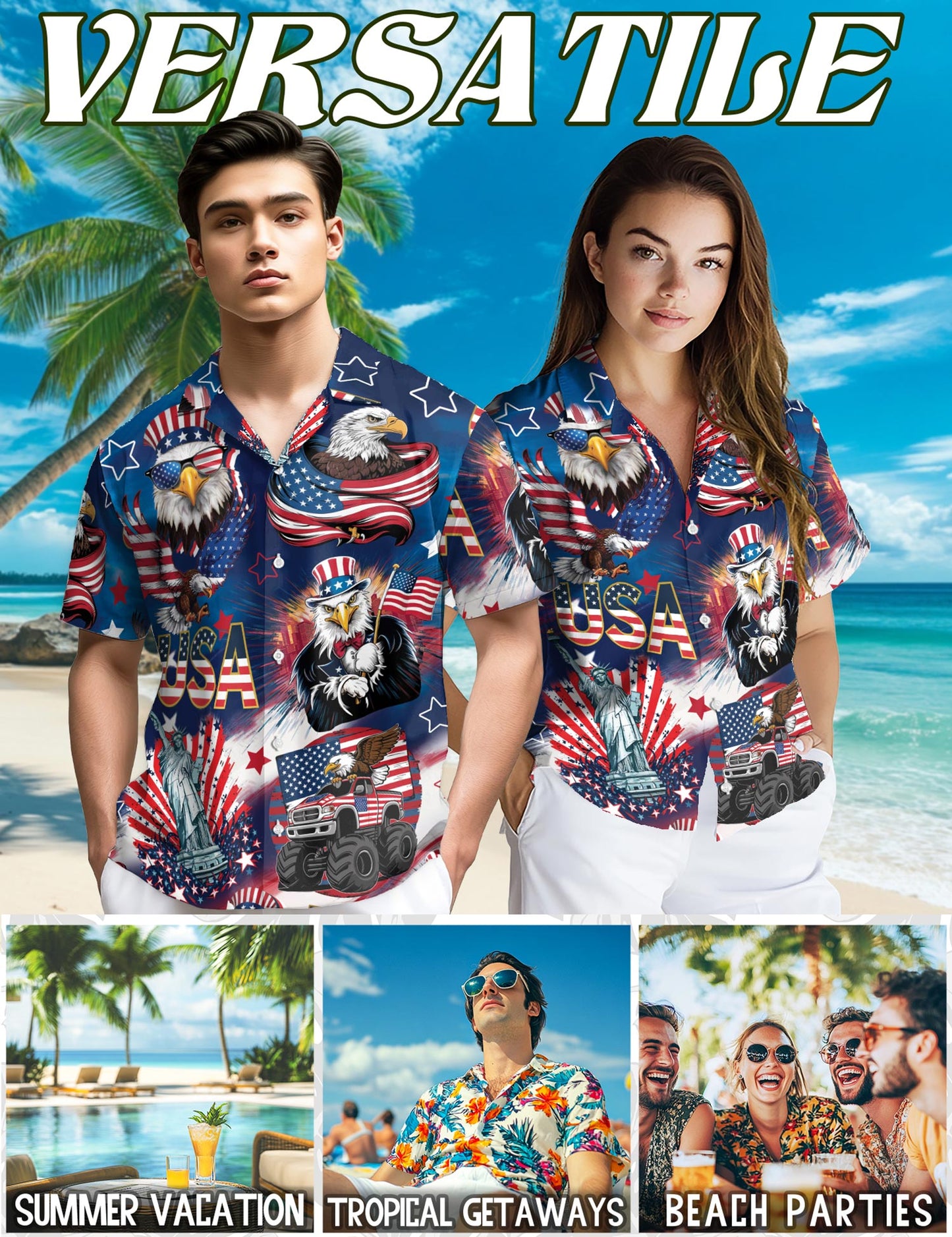 Netecom 4th of July America Flag Bald Eagle Hawaiian Shirt for Men, Summer Beach Aloha Button Down Short Sleeve Shirts, S-5XL