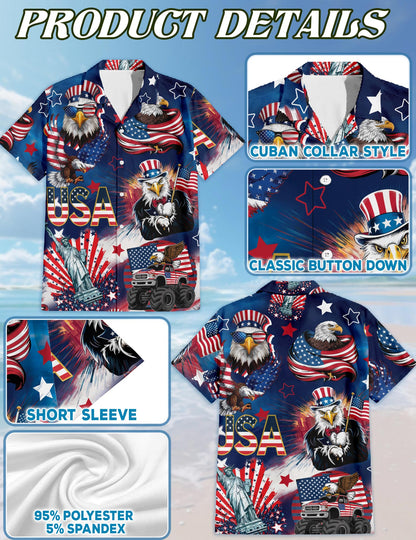 Netecom 4th of July America Flag Bald Eagle Hawaiian Shirt for Men, Summer Beach Aloha Button Down Short Sleeve Shirts, S-5XL