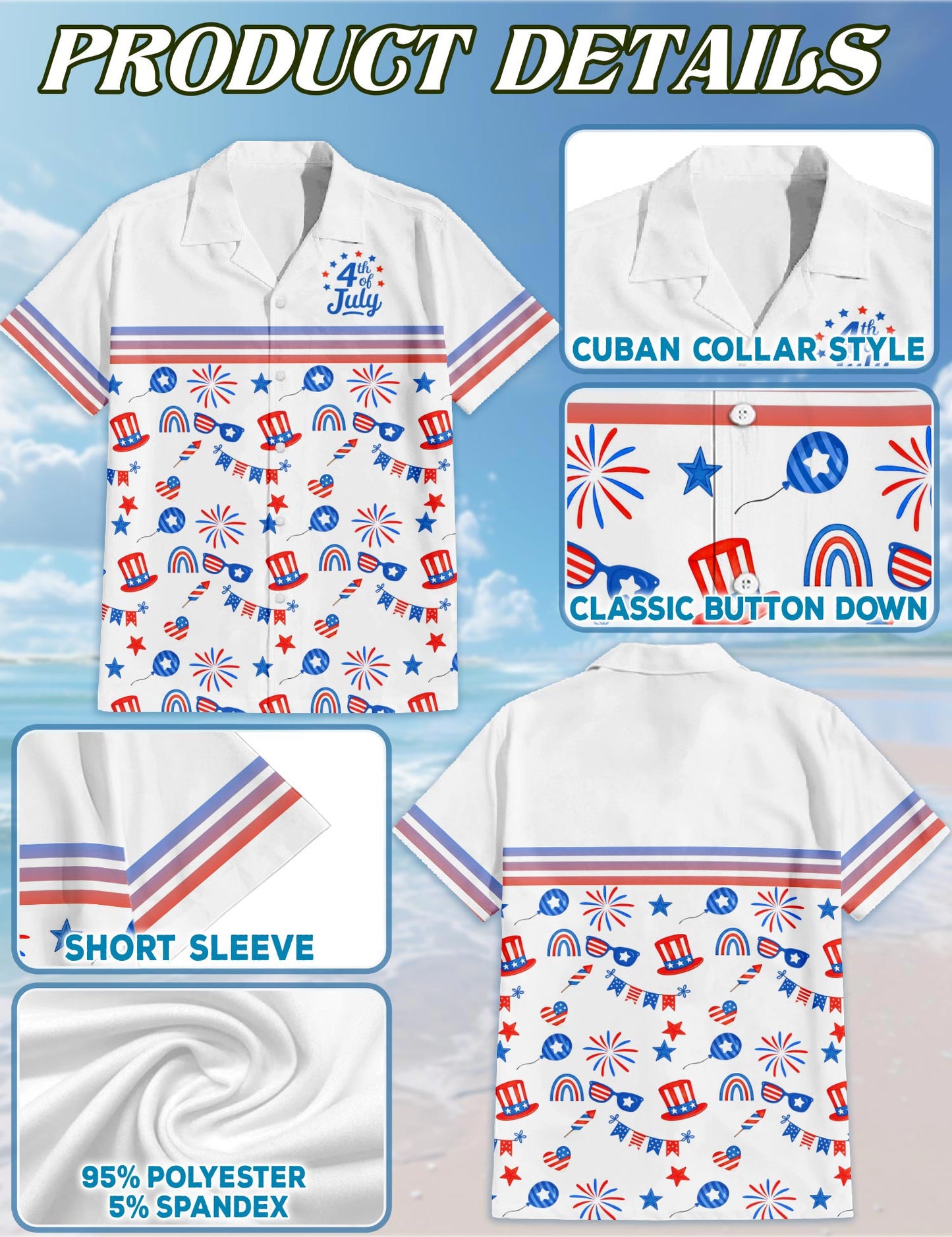 Netecom 4th of July Day Hawaiian Shirt for Men, Retro Style, Button Down Summer Beach Short Sleeve, S-5XL