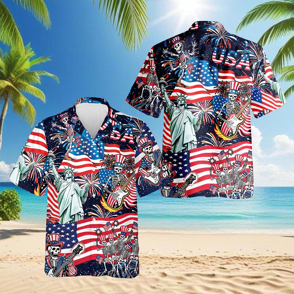 Netecom 4th of July Skeleton Hawaiian Shirt for Men, Button Down Summer Beach Short Sleeve, S-5XL