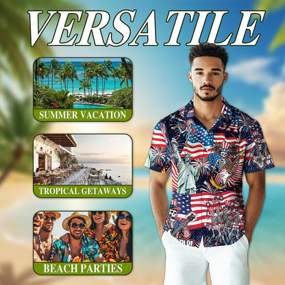 Netecom 4th of July Skeleton Hawaiian Shirt for Men, Button Down Summer Beach Short Sleeve, S-5XL