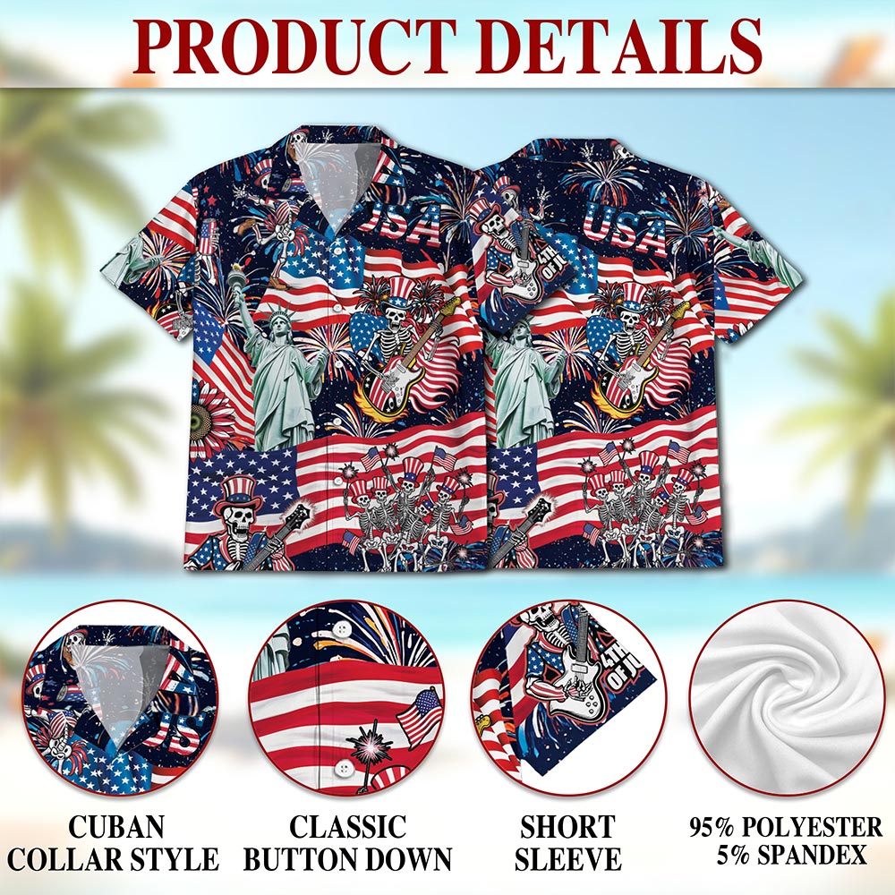 Netecom 4th of July Skeleton Hawaiian Shirt for Men, Button Down Summer Beach Short Sleeve, S-5XL