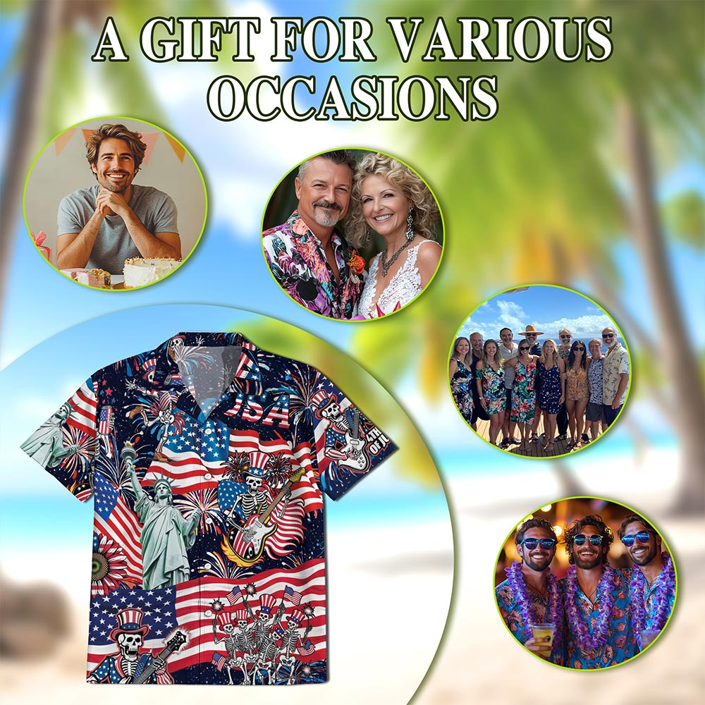 Netecom 4th of July Skeleton Hawaiian Shirt for Men, Button Down Summer Beach Short Sleeve, S-5XL