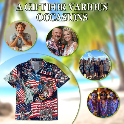 Netecom 4th of July Skeleton Hawaiian Shirt for Men, Button Down Summer Beach Short Sleeve, S-5XL