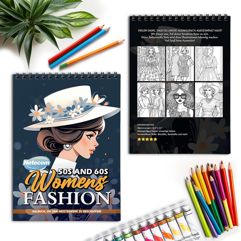 Netecom 50s and 60s Women Fashion Spiral Coloring Book for Adults