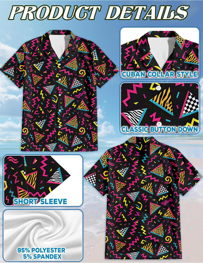 Netecom 80s Pattern Hawaiian Shirt for Men, Vintage Style, Button Down Summer Beach Short Sleeve, S-5XL