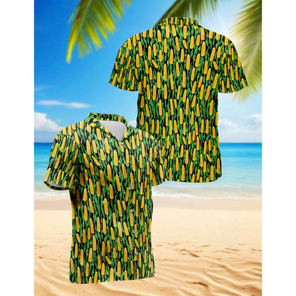 Netecom Agricultural Corn Cob Print Hawaiian Shirt for Men, Button Down Summer Beach Short Sleeve, Farm Lover Gifts, S-5XL