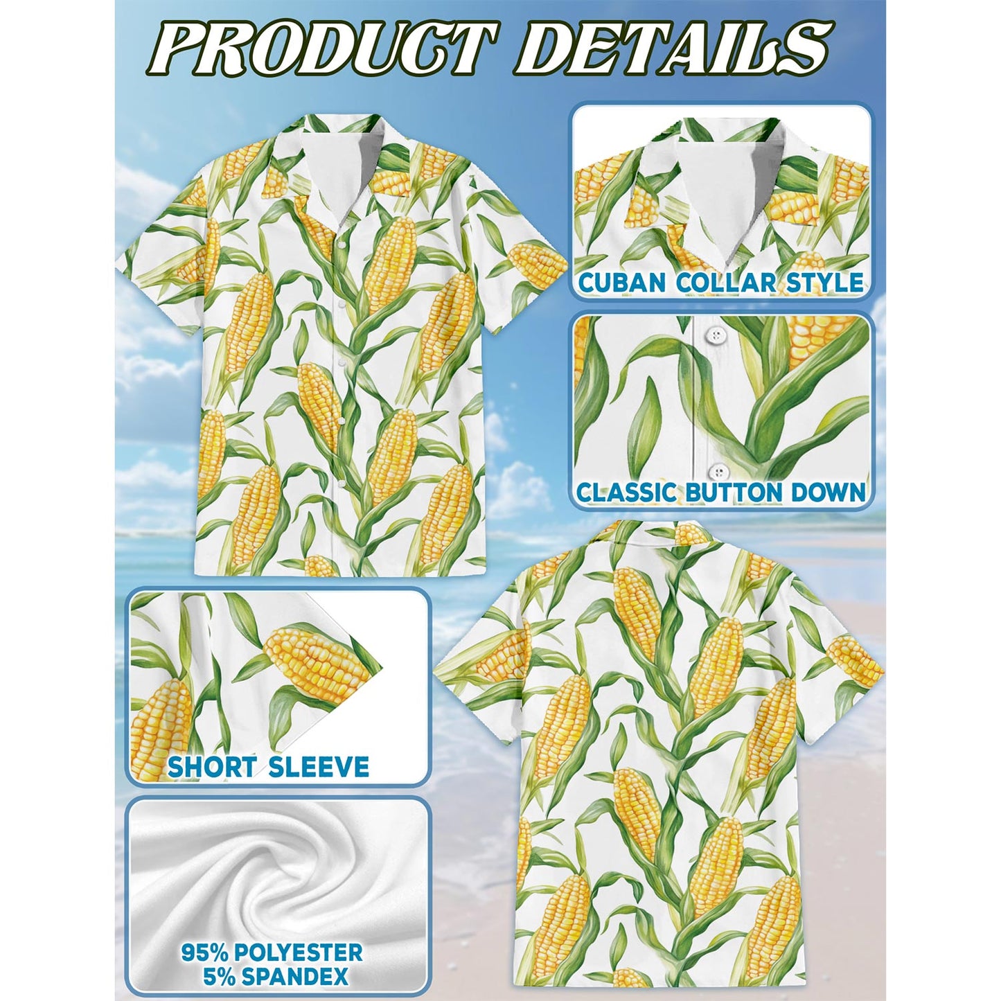 Netecom Agricultural Fresh Corn Hawaiian Shirt for Men, Button Down Summer Beach Short Sleeve, Sizes S-5XL