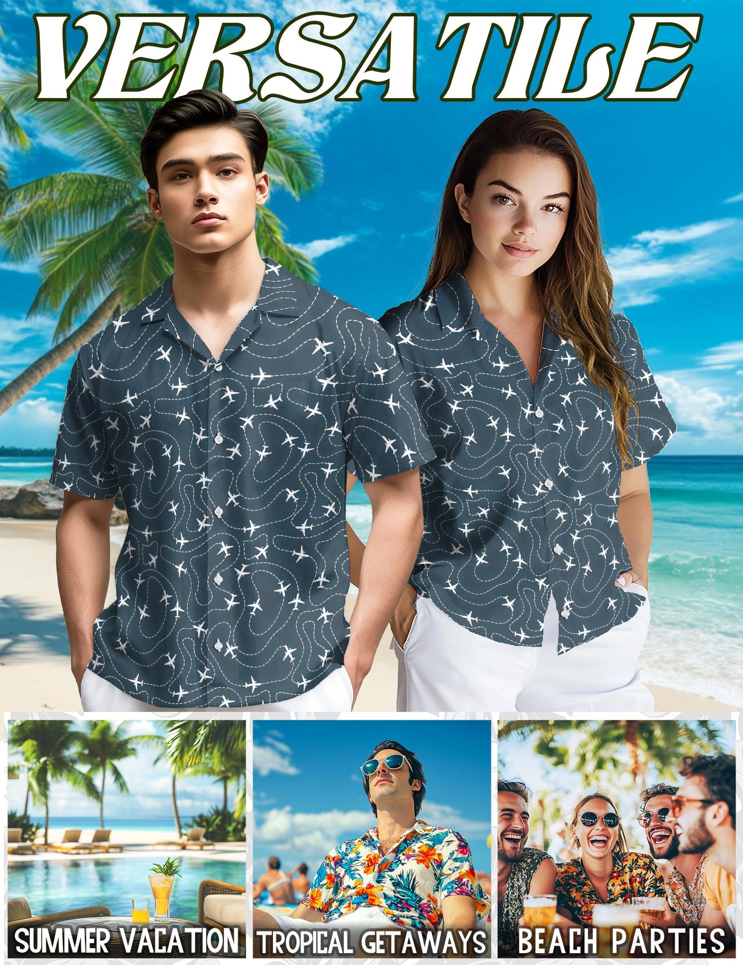 Netecom Airplane Hawaiian Shirt for Men, Retro Style, Button Down Summer Beach Short Sleeve, S-5XL