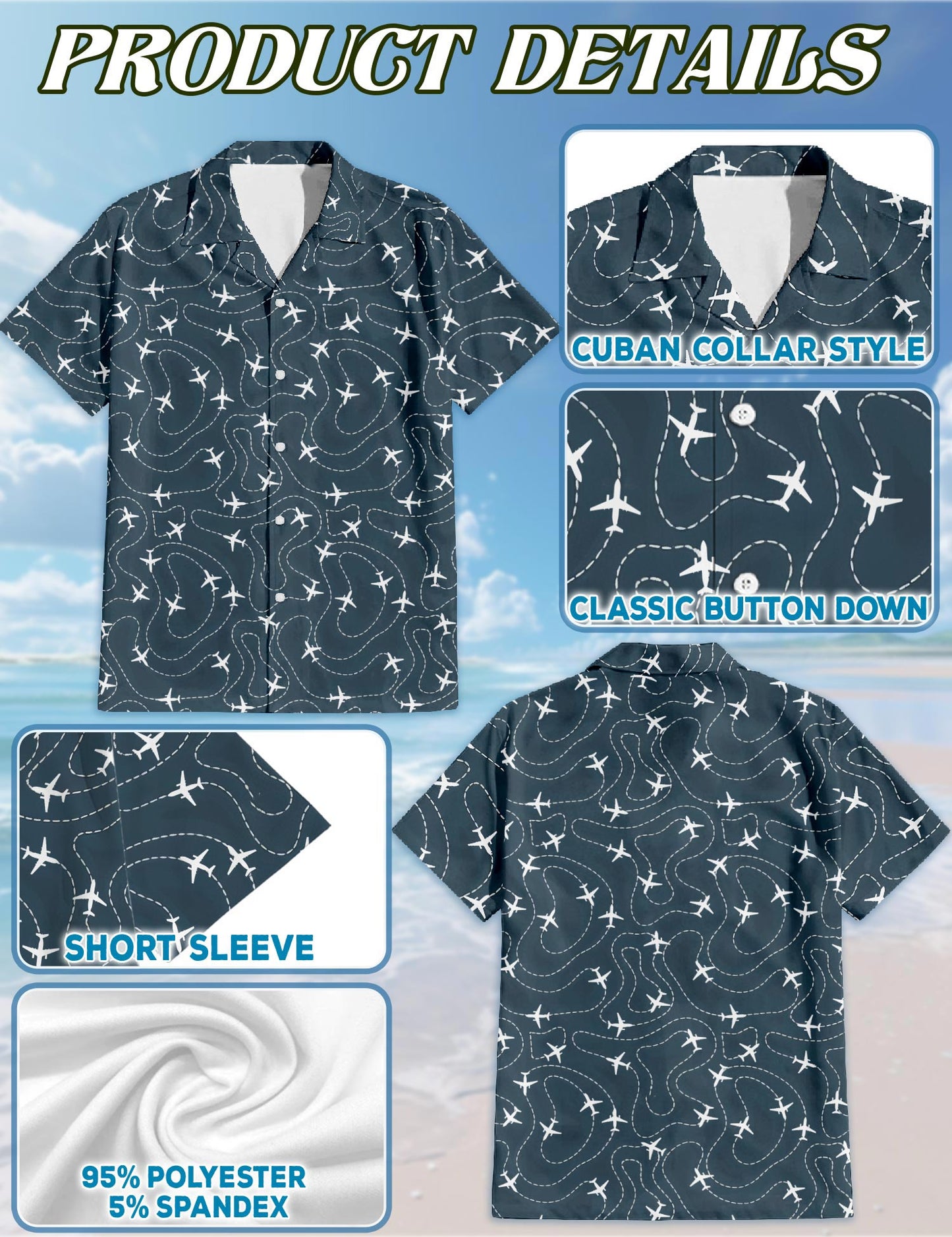 Netecom Airplane Hawaiian Shirt for Men, Retro Style, Button Down Summer Beach Short Sleeve, S-5XL