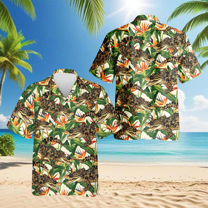Netecom Alligator Hawaiian Shirt for Men, Button Down Summer Beach Short Sleeve, Tropical Style, Sizes S-5XL