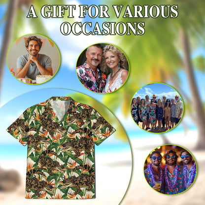 Netecom Alligator Hawaiian Shirt for Men, Button Down Summer Beach Short Sleeve, Tropical Style, Sizes S-5XL