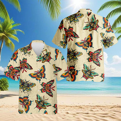 Netecom Amazing Butterfly Skull Hawaiian Shirt for Men, Vintage Style, Button Down Summer Beach Short Sleeve, S-5XL