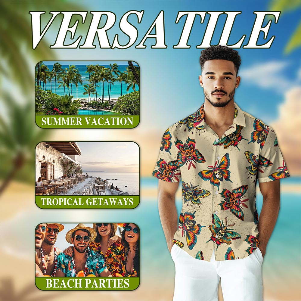 Netecom Amazing Butterfly Skull Hawaiian Shirt for Men, Vintage Style, Button Down Summer Beach Short Sleeve, S-5XL