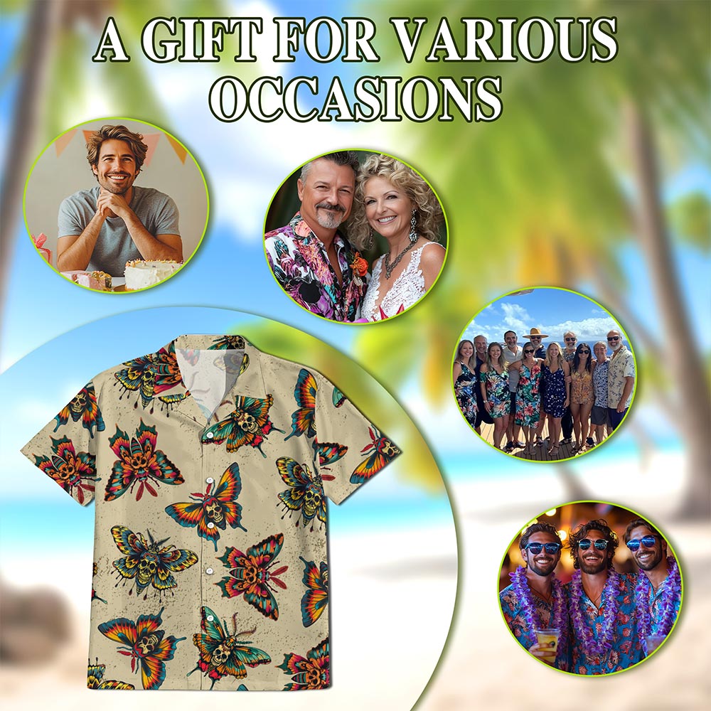 Netecom Amazing Butterfly Skull Hawaiian Shirt for Men, Vintage Style, Button Down Summer Beach Short Sleeve, S-5XL