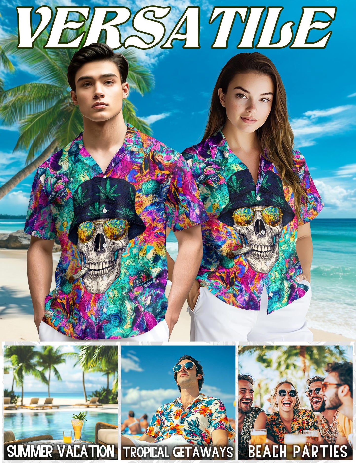 Netecom Amazing Skull Hawaiian Shirt for Men, Colorful Style, Button Down Summer Beach Short Sleeve, S-5XL