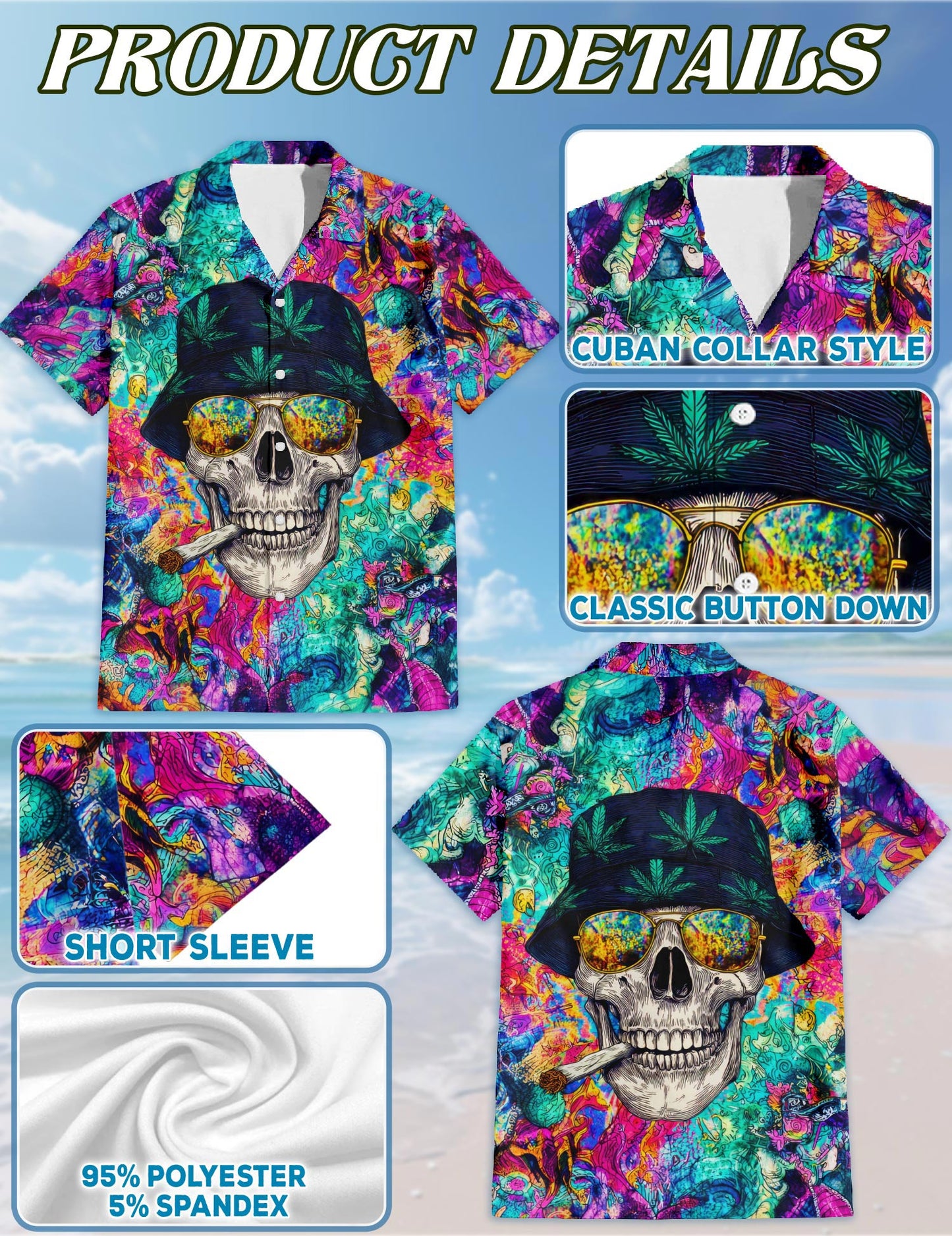 Netecom Amazing Skull Hawaiian Shirt for Men, Colorful Style, Button Down Summer Beach Short Sleeve, S-5XL