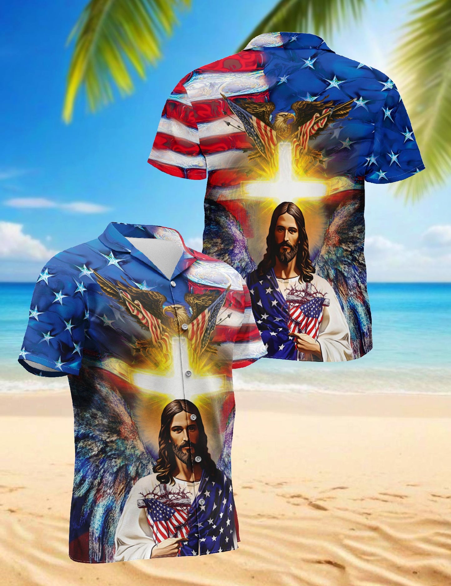 Netecom America And Jesus Bless Hawaiian Shirt for Men, Button Down Summer Beach Short Sleeve, S-5XL
