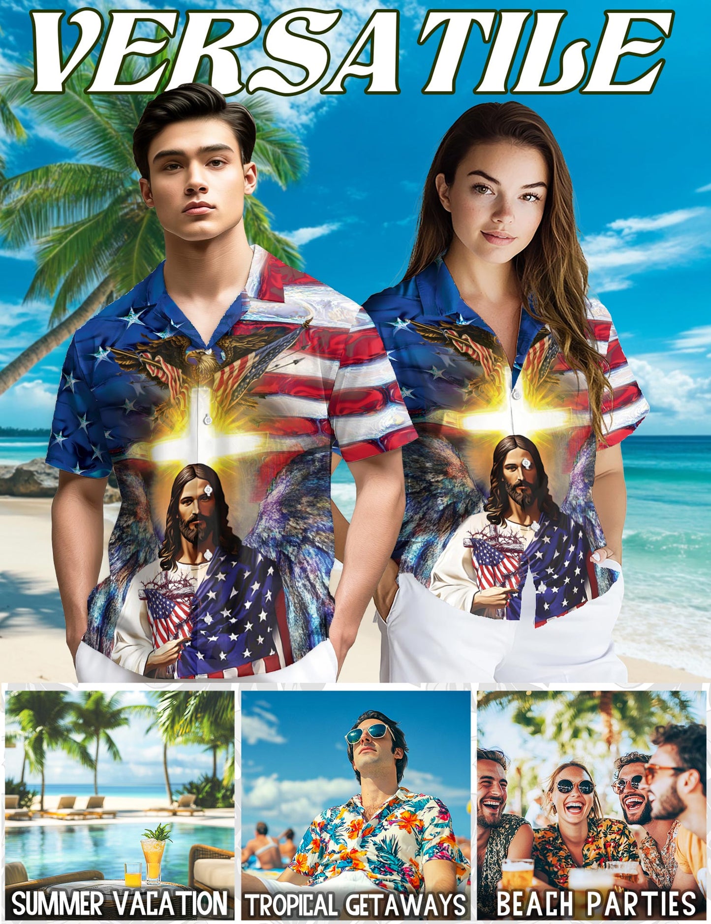 Netecom America And Jesus Bless Hawaiian Shirt for Men, Button Down Summer Beach Short Sleeve, S-5XL