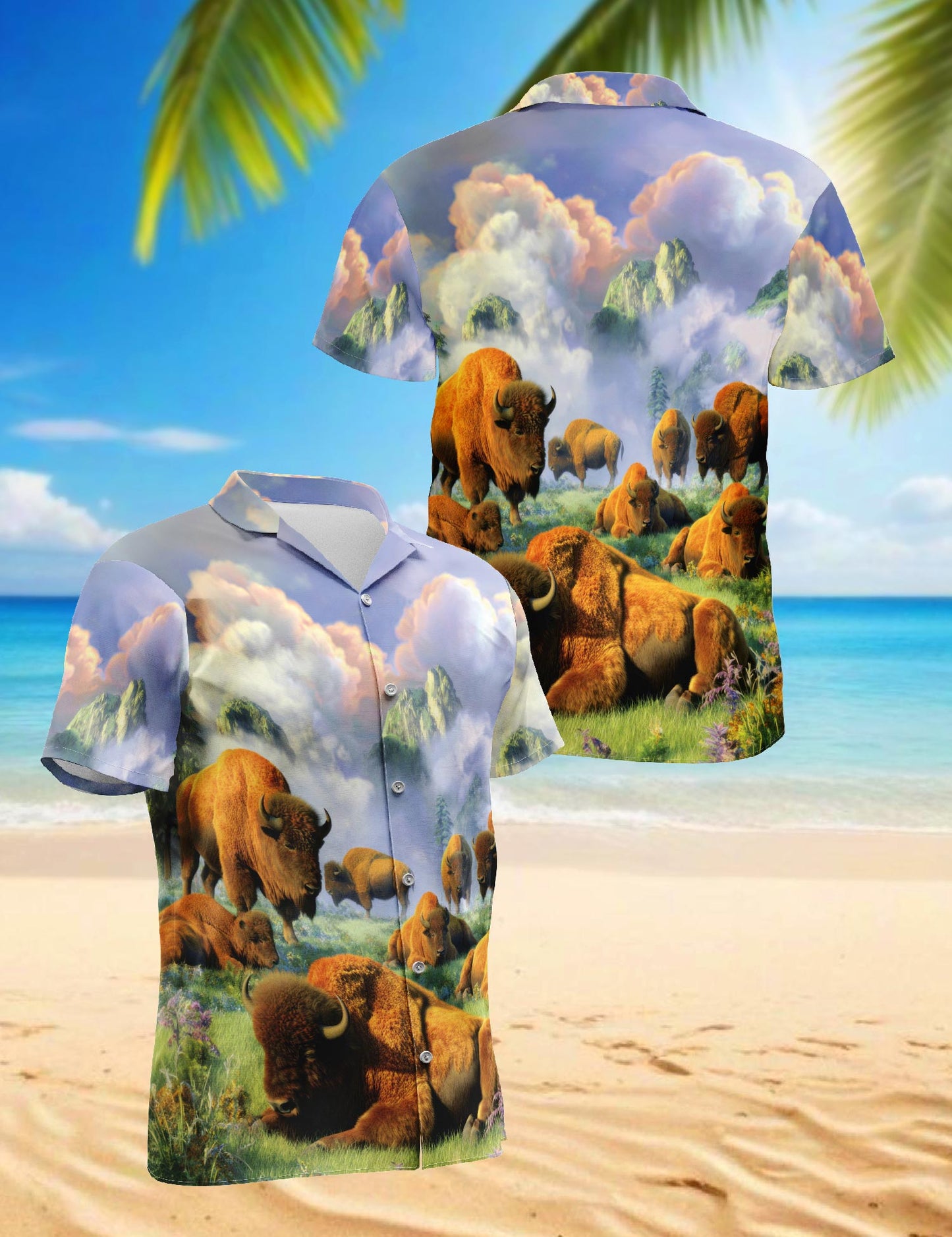 Netecom American Bison At Sunrise Hawaiian Shirt for Men Women, Wildlife Nature Style, Button Down Summer Beach Short Sleeve, S-5XL