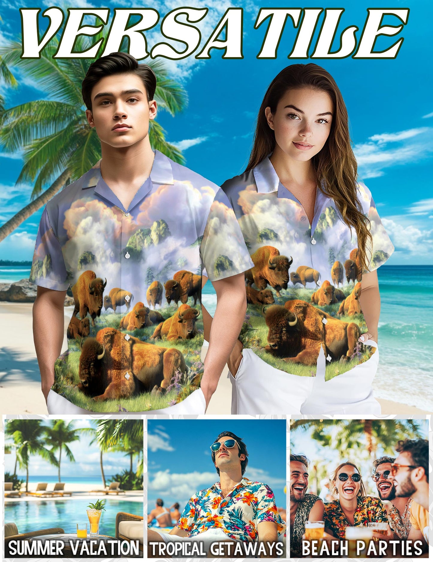 Netecom American Bison At Sunrise Hawaiian Shirt for Men Women, Wildlife Nature Style, Button Down Summer Beach Short Sleeve, S-5XL