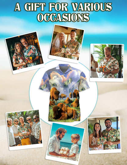 Netecom American Bison At Sunrise Hawaiian Shirt for Men Women, Wildlife Nature Style, Button Down Summer Beach Short Sleeve, S-5XL