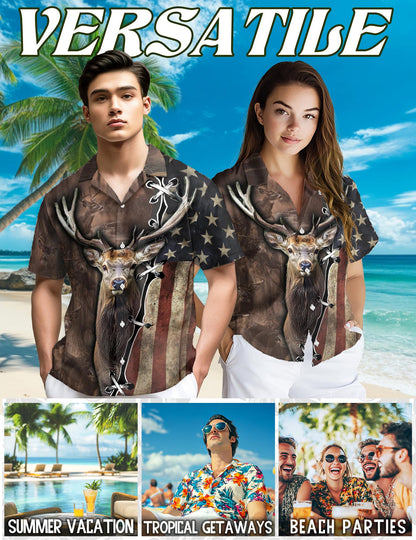 Netecom American Deer Hunter Hawaiian Shirt for Men, Button Down Summer Beach Short Sleeve, Sizes S-5XL