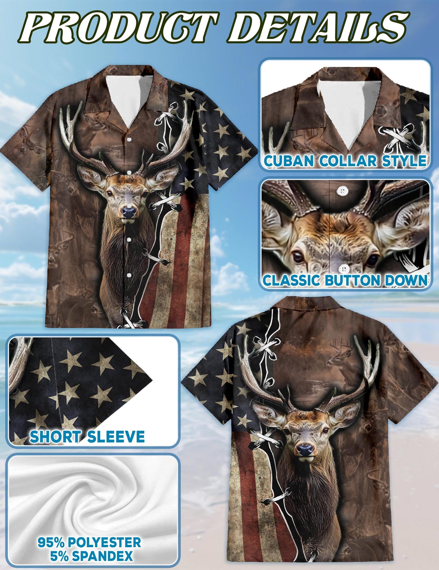 Netecom American Deer Hunter Hawaiian Shirt for Men, Button Down Summer Beach Short Sleeve, Sizes S-5XL