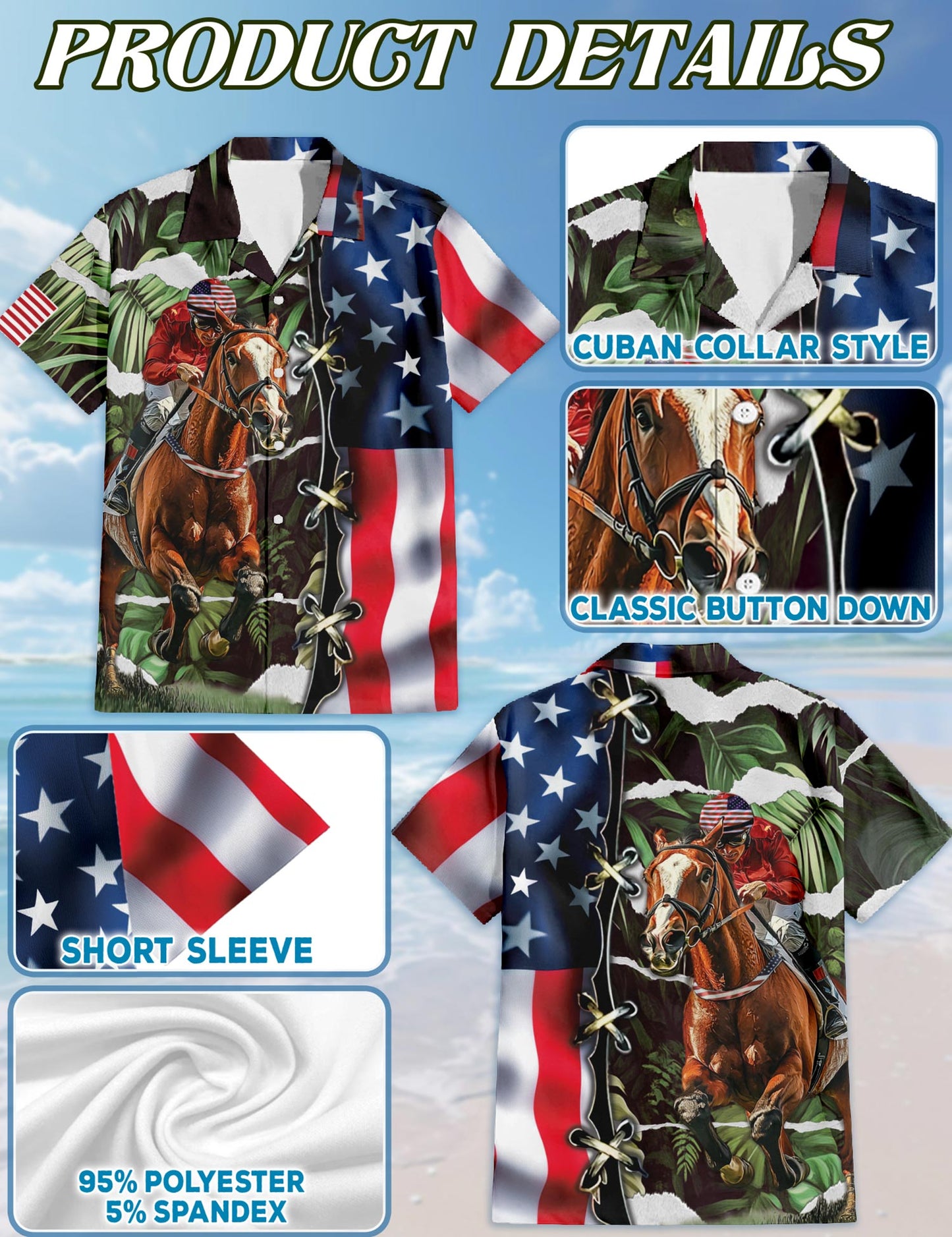 Netecom American Jockey Racing Hawaiian Shirt for Men, Button Down Summer Beach Short Sleeve, S-5XL