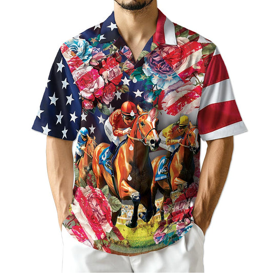 Netecom American Roses Horse Racing Hawaiian Shirt for Men