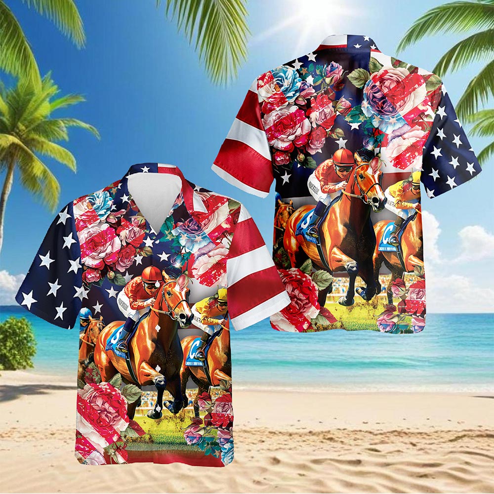 Netecom American Roses Horse Racing Hawaiian Shirt for Men, Button Down Summer Beach Short Sleeve, S-5XL