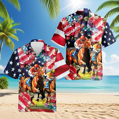 Netecom American Roses Horse Racing Hawaiian Shirt for Men, Button Down Summer Beach Short Sleeve, S-5XL