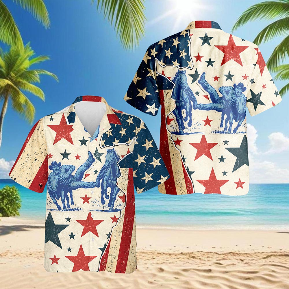 Netecom American Steer Wrestling Hawaiian Shirt for Men, Retro Rodeo Style, Button Down Summer Beach Short Sleeve, S-5XL