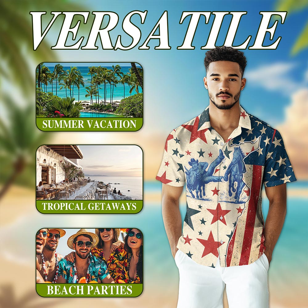 Netecom American Steer Wrestling Hawaiian Shirt for Men, Retro Rodeo Style, Button Down Summer Beach Short Sleeve, S-5XL