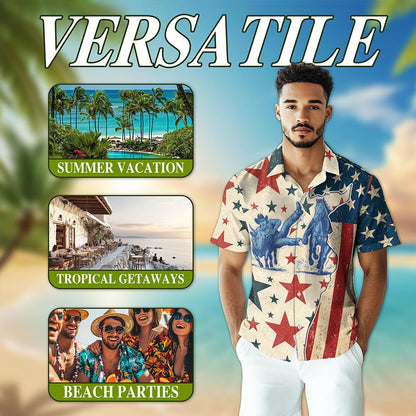 Netecom American Steer Wrestling Hawaiian Shirt for Men, Retro Rodeo Style, Button Down Summer Beach Short Sleeve, S-5XL