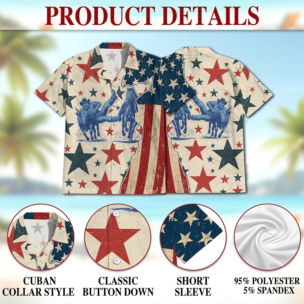 Netecom American Steer Wrestling Hawaiian Shirt for Men, Retro Rodeo Style, Button Down Summer Beach Short Sleeve, S-5XL