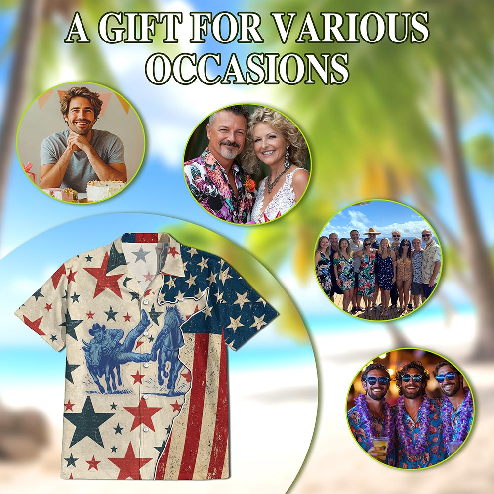 Netecom American Steer Wrestling Hawaiian Shirt for Men, Retro Rodeo Style, Button Down Summer Beach Short Sleeve, S-5XL