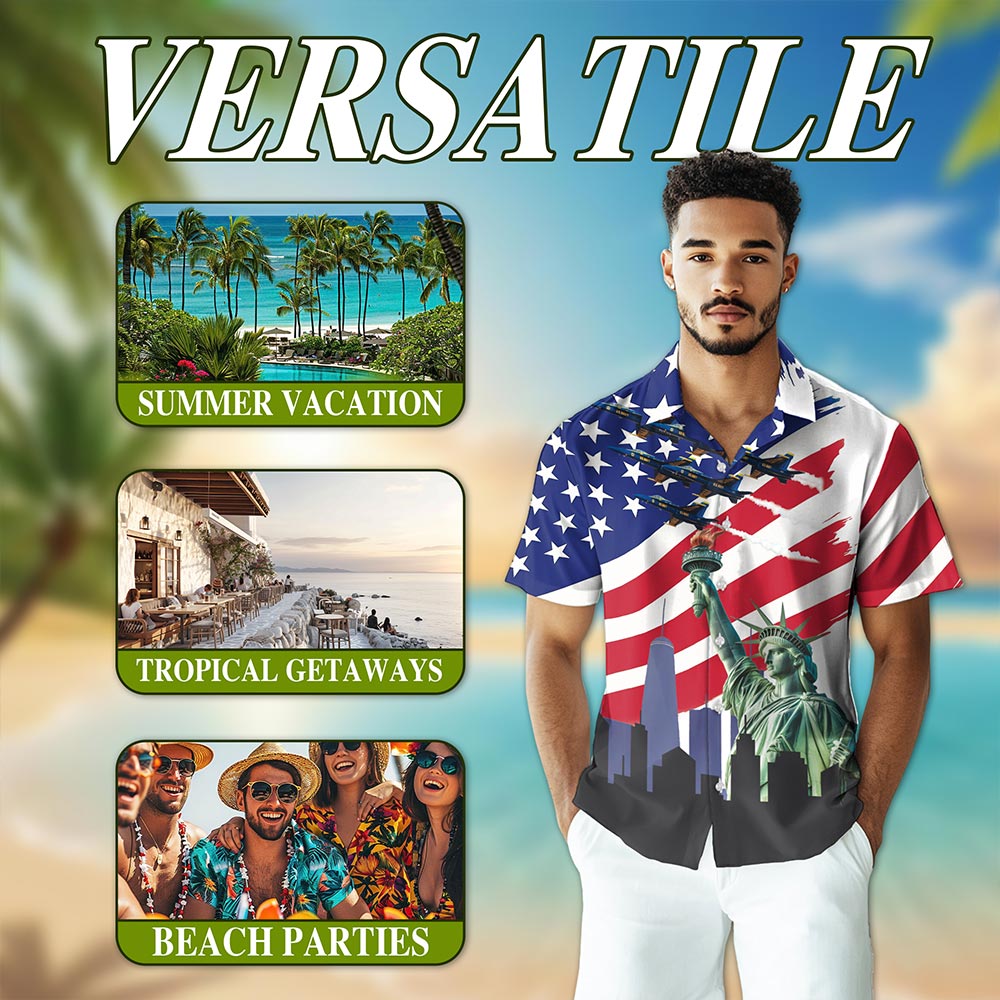 Netecom American USA Hawaiian Shirt for Men, Patriotic Style, Button Down Summer Beach Short Sleeve, S-5XL