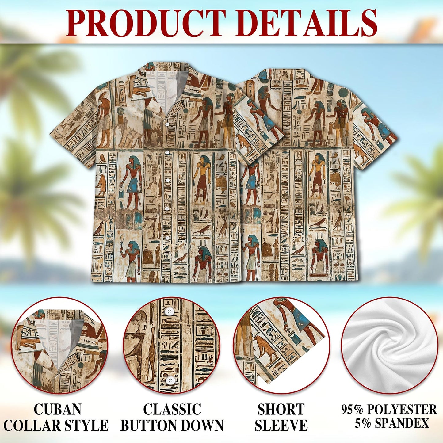 Netecom Ancient Egyptian Hawaiian Shirt for Men, Button Down Summer Beach Short Sleeve, Vintage Style, S-5XL