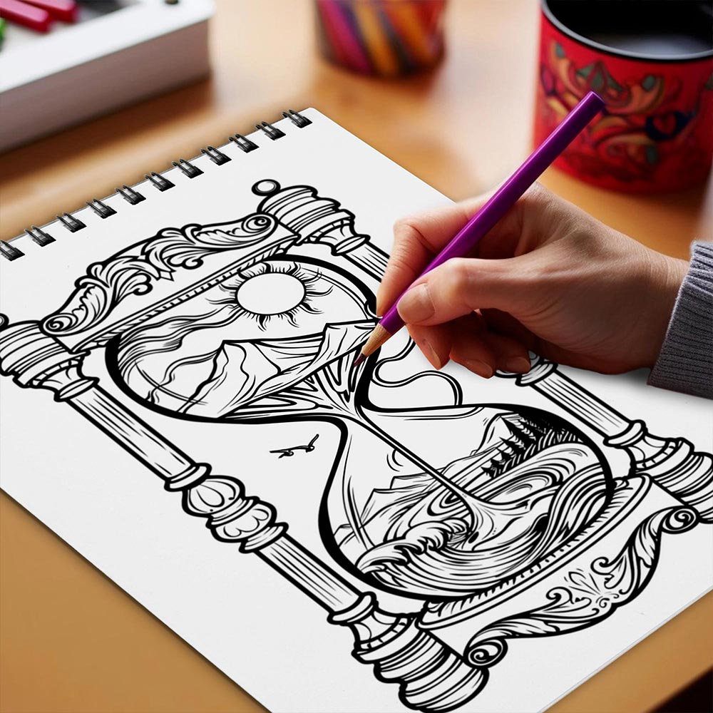 Netecom Antique Hourglass Coloring Book Spiral Bound for Adults